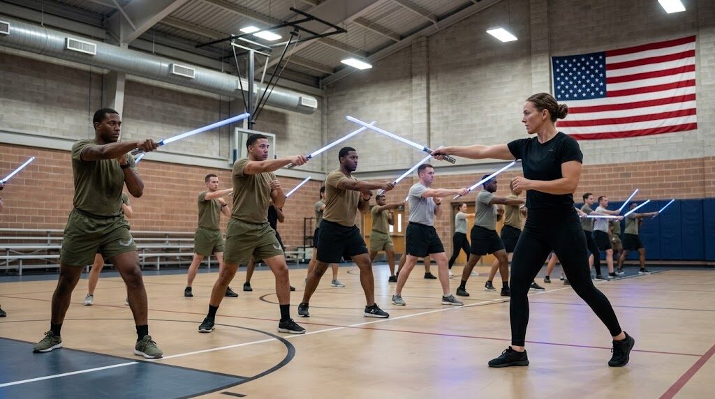 U.S. service members training with LED combat sabers on a military base