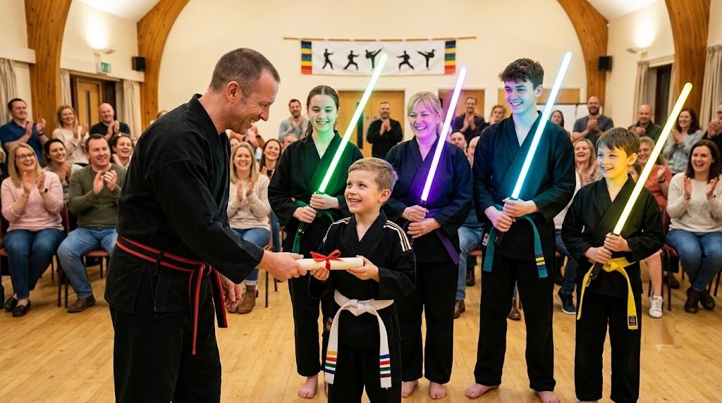 Students graduating with glowing sabers as families applaud