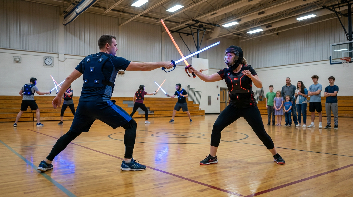 Saber Tag X-Treme League. Municipal Parks & Recreation programming in a community rec center gymnasium