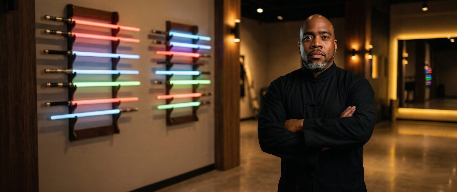 Sifu Edward Armstrong standing in his light sword academy, wall racks of glowing sabers behind him