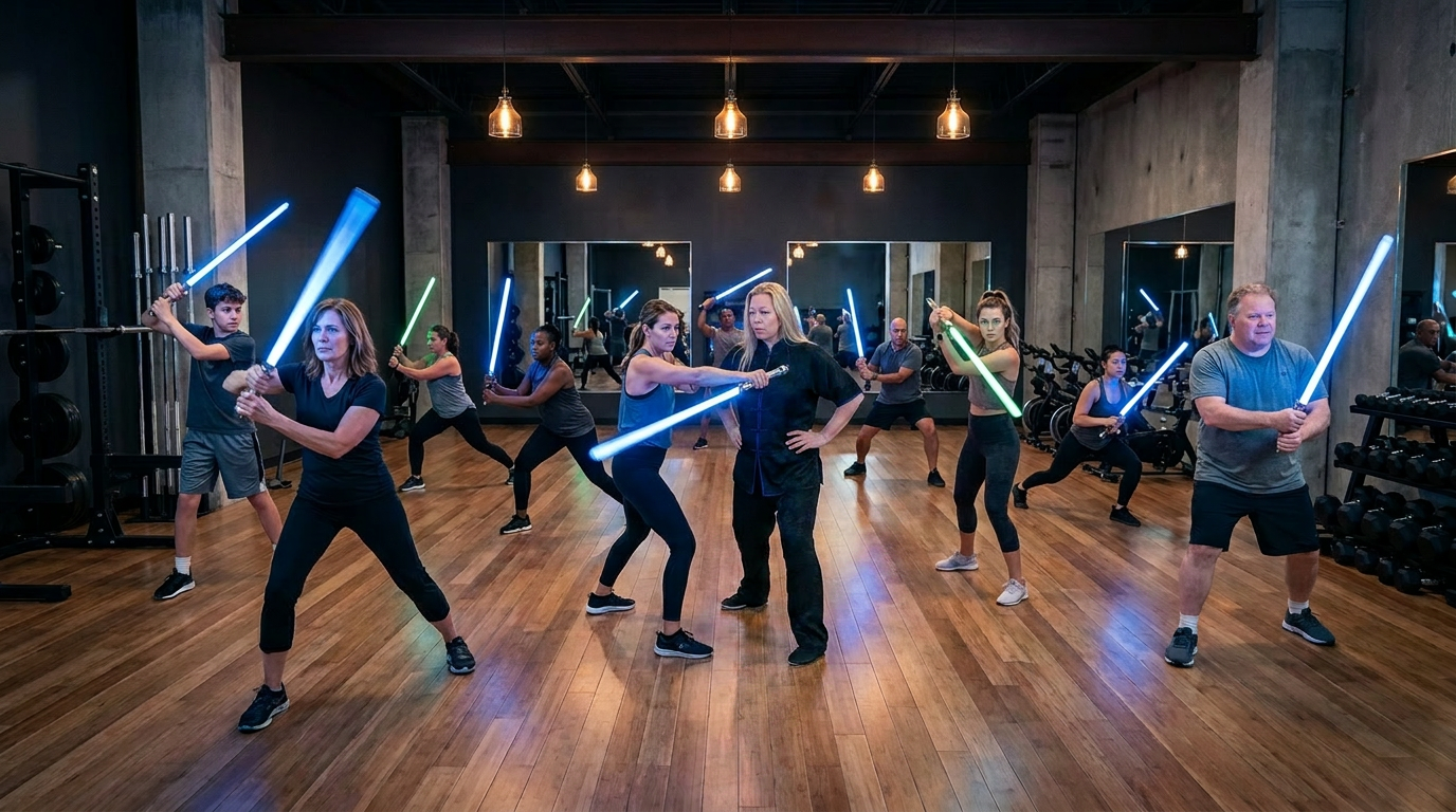 Sifu Julliana Armstrong leading a Total Saber Fit class on a gym floor