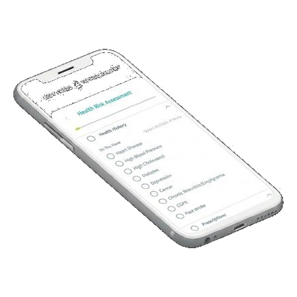 The health-assessment module of the Saber Chi app on a smartphone, showing a constitutional checklist.