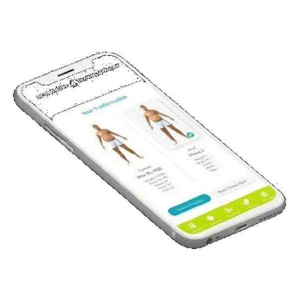 The Body Vision module of the Saber Chi app, a 3-D body-composition model shown on a smartphone.