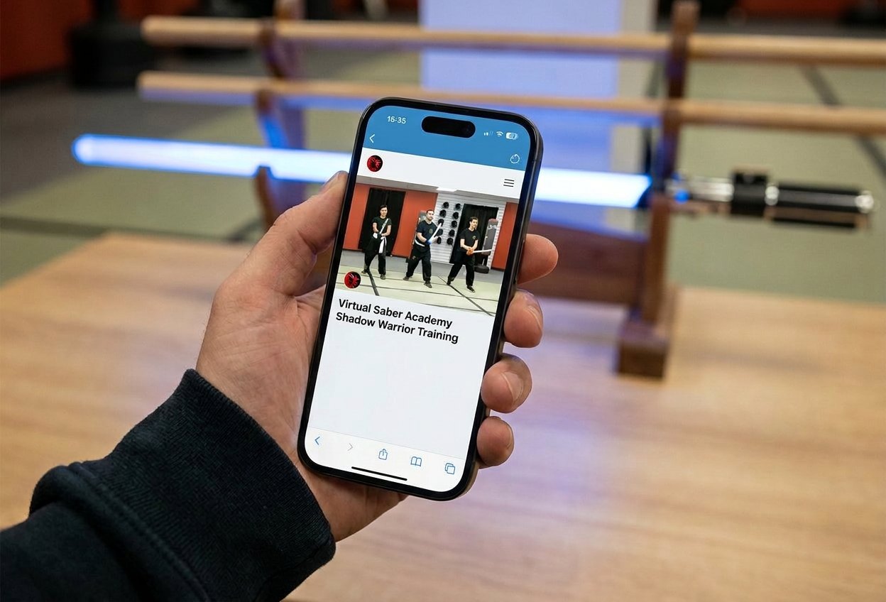 A hand holds a phone open to Virtual Saber Academy Shadow Warrior Training, a lesson video with three instructors in guard, a light sword resting on a stand behind it