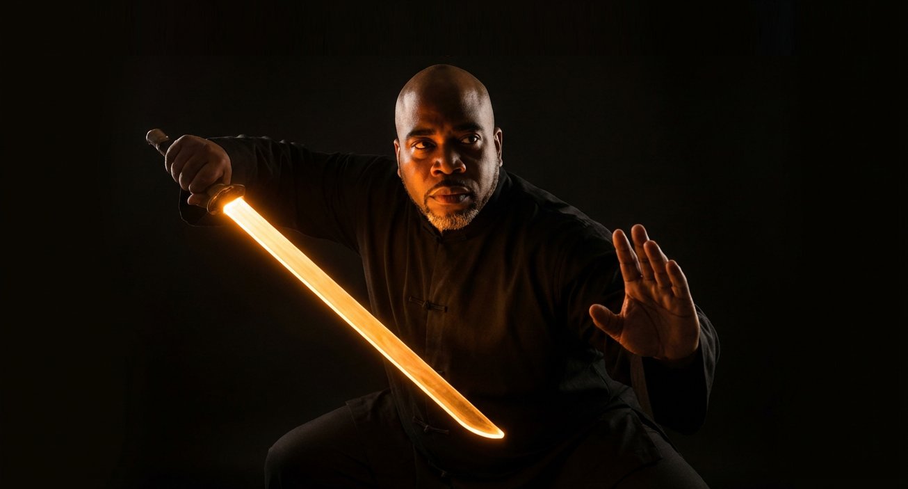Sifu Edward Armstrong in a black tang-style training top, holding a glowing amber-gold combat saber in low guard, opposite hand raised in defensive position, eye contact with the camera, dramatic dark backdrop with rim lighting.