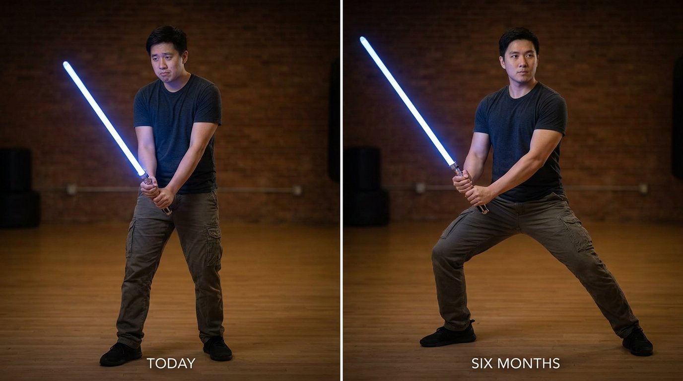 Side-by-side photographs of the same person, same outfit, same saber, in the same dojo. Left frame labeled TODAY: tentative posture, weight uneven, face uncertain, narrow stance. Right frame labeled SIX MONTHS: low guard stance, weight settled, square hips, calm focused face, blade held with intent.