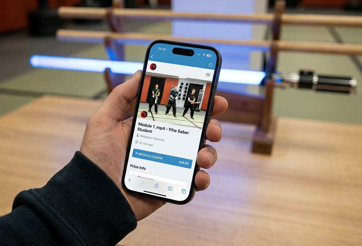 A hand holds an iPhone displaying the Shadow Warrior app. On screen: a video tile of three LSTA practitioners in black uniforms standing in a training room, with the lesson title 'Module 1' visible underneath. Background: a blurred dojo with two lit blue sabers crossed on a wooden rack.